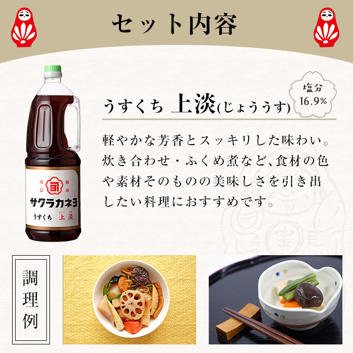 サクラカネヨのうすくちしょうゆ「上淡（じょううす）」 (1.8L×6本) ！香りが良く旨い淡口セット 鹿児島 しょうゆ 老舗吉村醸造のしょうゆ 国産 九州 鹿児島産 うすくち しょうゆ 調味料 常温